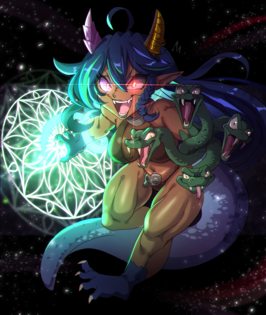 absurdres asymmetrical_arms asymmetrical_horns blue_hair breasts dark-skinned_female dark_skin female glowing glowing_eyes green_lips highres horns indie_virtual_youtuber many_(vtuber) medium_breasts monster_girl multicolored_hair navel nisego open_mouth pointy_ears red_eyes smile solo streaked_hair virtual_youtuber