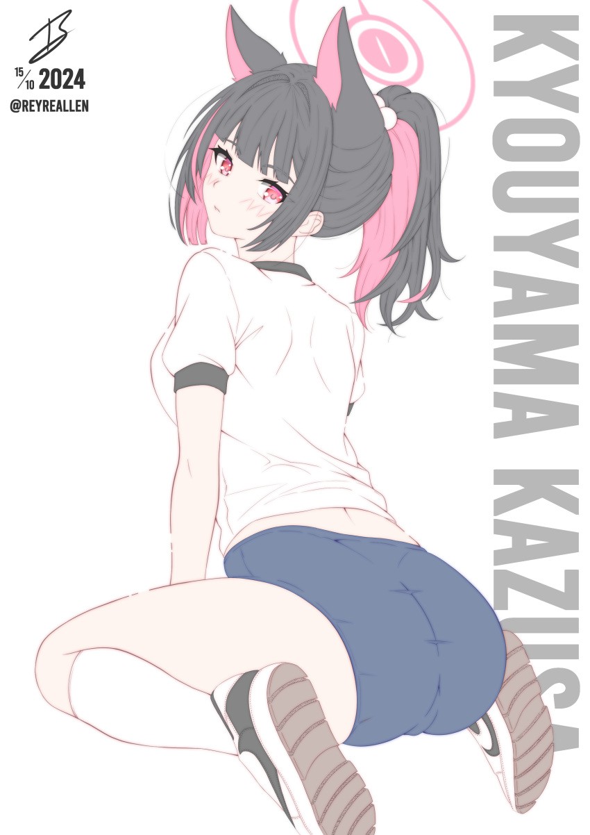 absurdres alternate_costume alternate_hairstyle animal_ears ass black_hair blue_archive blue_buruma blush buruma cat_ears cat_girl character_name colored_inner_hair commentary dated english_commentary extra_ears female gym_shirt halo head_tilt high_ponytail highres kazusa_(blue_archive) kneehighs leaning_forward long_hair looking_at_viewer looking_back multicolored_hair pink_eyes pink_hair pink_halo realen shirt shoes short_sleeves signature simple_background sitting sneakers socks solo turning_head twitter_username two-tone_hair wariza white_background white_footwear white_shirt white_socks