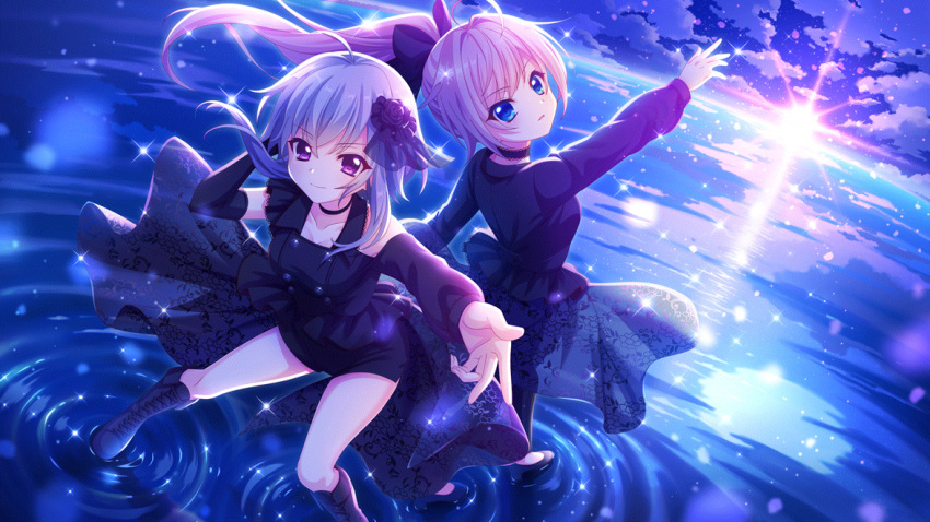 2girls ahoge black_bow black_choker black_dress black_footwear black_pants black_skirt black_sleeves blue_eyes boots bow breasts buttons choker cleavage closed_mouth cloud cloudy_sky collarbone detached_sleeves dot_nose double-breasted dress film_grain floral_print from_above game_cg grey_hair hair_intakes hair_ornament hairbow hand_on_own_head high_heels high_ponytail himura_nagisa horizon ichijou_ruka izumi_tsubasu long_hair long_sleeves looking_at_viewer looking_back looking_to_the_side medium_breasts multiple_girls non-web_source ocean official_art outdoors outstretched_arm outstretched_hand pants parted_lips pink_hair print_skirt pumps purple_eyes purple_sky re:stage! reaching reaching_towards_viewer ripples see-through_clothes see-through_skirt short_hair_with_long_locks skirt sky smile sparkle star_(sky) starry_sky swept_bangs walking walking_on_liquid