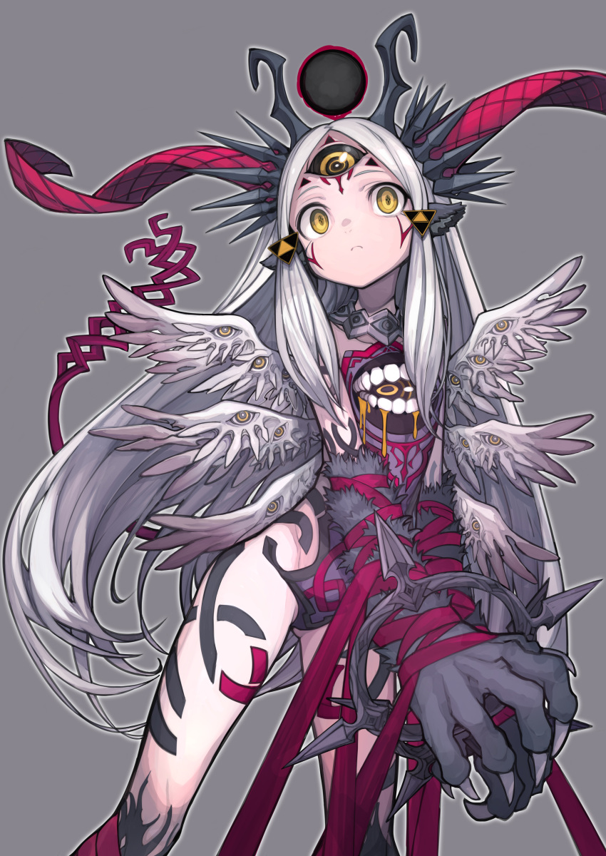 absurdres angel angel_wings animal_ears animal_hands bound bound_arms claws commentary_request extra_eyes extra_mouth fallen_angel feathered_wings female grey_background halo highres horns izayoi_cha long_hair looking_at_viewer monster_girl multiple_wings original red_ribbon ribbon seraph simple_background solo tail third_eye very_long_hair white_hair wings yellow_eyes