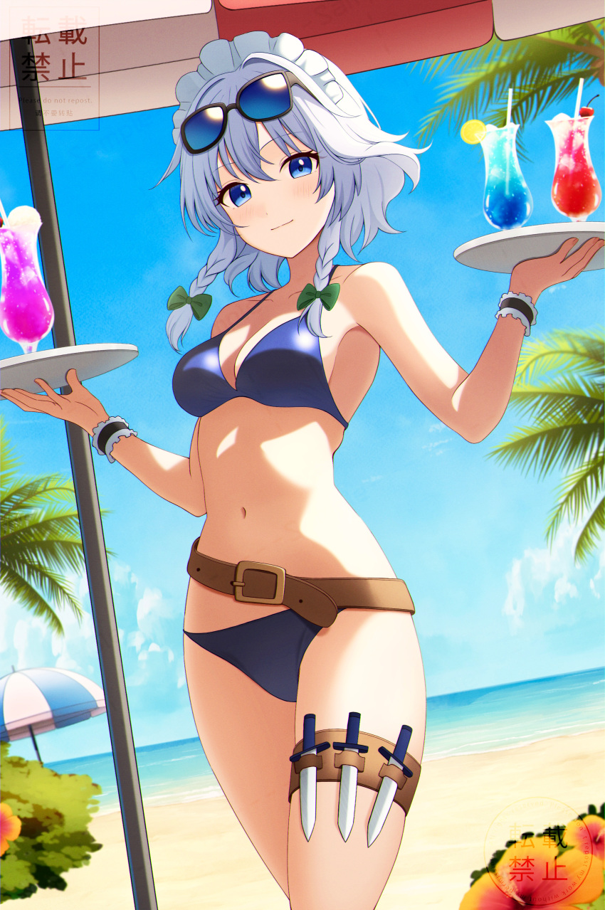 absurdres alternate_costume beach belt bikini blue_bikini blue_eyes blue_wristband braid breasts brown_belt cleavage closed_mouth collarbone commentary_request cup day female frilled_wristband grey_hair happy highres holding holding_tray holster izayoi_sakuya knife maid_headdress maizumi medium_breasts medium_hair navel ocean outdoors parasol sand smile solo stomach swimsuit thigh_holster touhou tray twin_braids umbrella walking