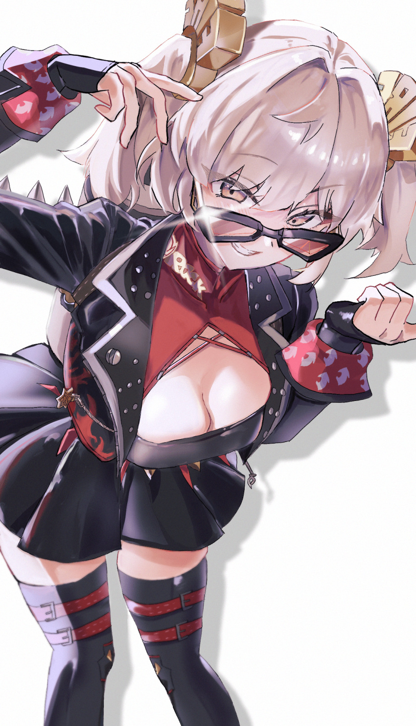 black_gloves black_jacket black_skirt black_thighhighs blonde_hair breasts burnice_white cleavage eyewear_on_head female gloves highres jacket looking_at_viewer natumusumeab open_mouth red_eyes short_hair skirt smile solo sunglasses thighhighs tinted_eyewear twintails zenless_zone_zero