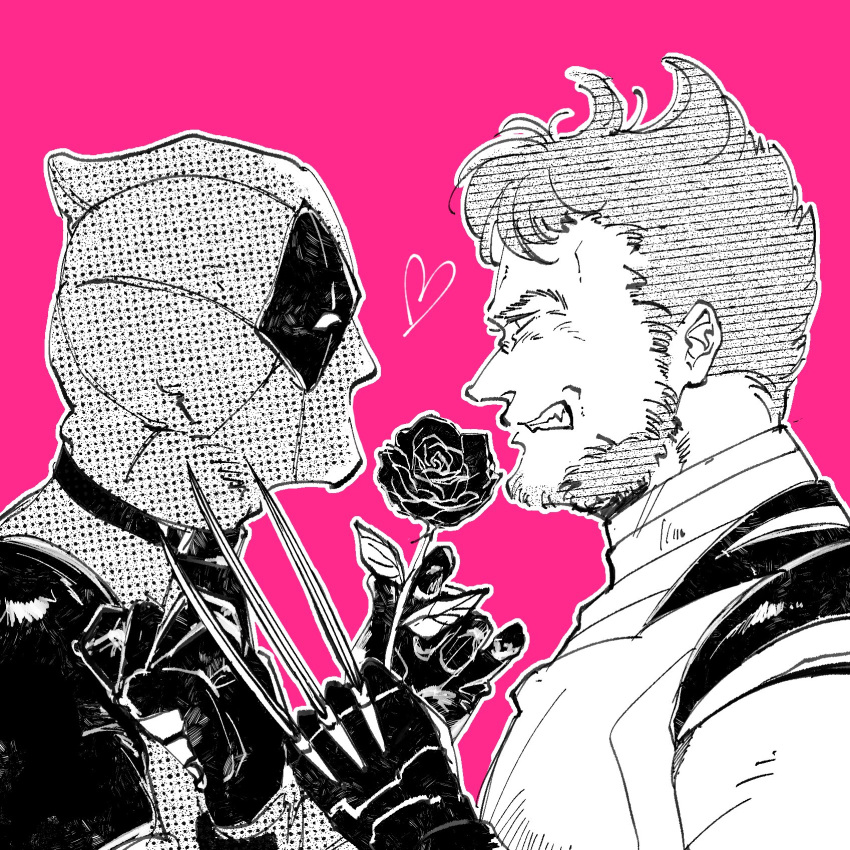 2boys animification azuko_(@zuco) beard bodysuit claw_(weapon) clenched_hand clenched_teeth deadpool deadpool_&_wolverine deadpool_(series) facial_hair flower gloves hashtag-only_commentary heart highres holding holding_flower male_focus marvel marvel_cinematic_universe mask monochrome multiple_boys muscular muscular_male pink_background rose short_hair superhero_costume teeth weapon wolverine_(x-men) x-men yaoi