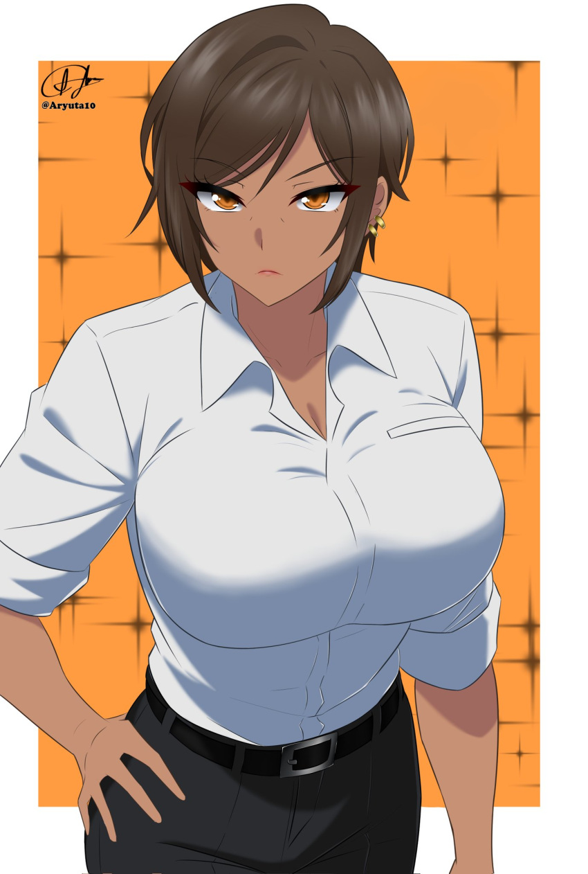 aryuta10 belt black_pants border breasts brown_hair cleavage collared_shirt dark-skinned_female dark_skin female highres limbus_company orange_eyes outis_(project_moon) pants project_moon shirt short_hair sleeves_rolled_up solo white_border white_shirt