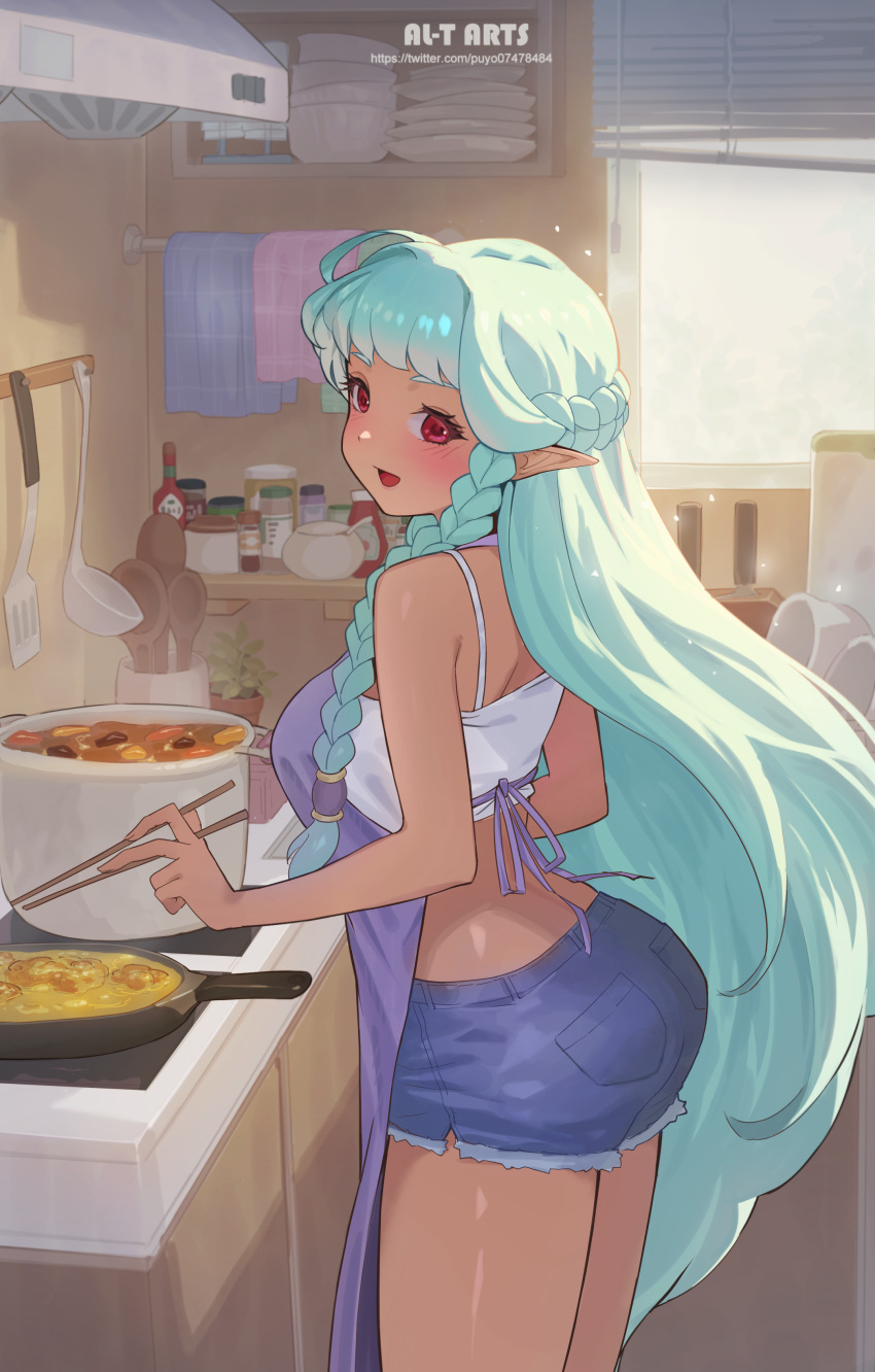 absurdres alternate_costume apron aqua_hair artist_name ass bare_shoulders blue_shorts blush braid breasts chopsticks commentary_request contemporary cooking dark-skinned_female dark_elf dark_skin denim denim_shorts elf female from_side highres holding holding_chopsticks indoors kitchen long_hair looking_at_viewer medium_breasts midriff open_mouth pocket pointy_ears purple_apron puyoakira red_eyes rosalinde_(unicorn_overlord) shirt shorts sleeveless sleeveless_shirt smile solo unicorn_overlord very_long_hair white_shirt window