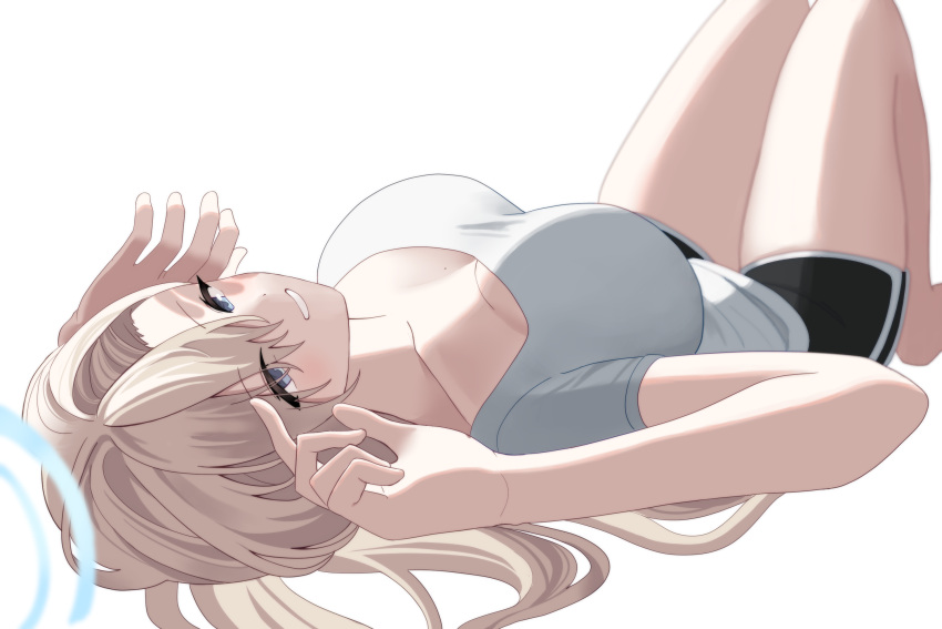 asuna_(blue_archive) blonde_hair blue_archive blue_halo breasts halo highres kiri_heart large_breasts lying mole mole_on_breast on_back smile thighs