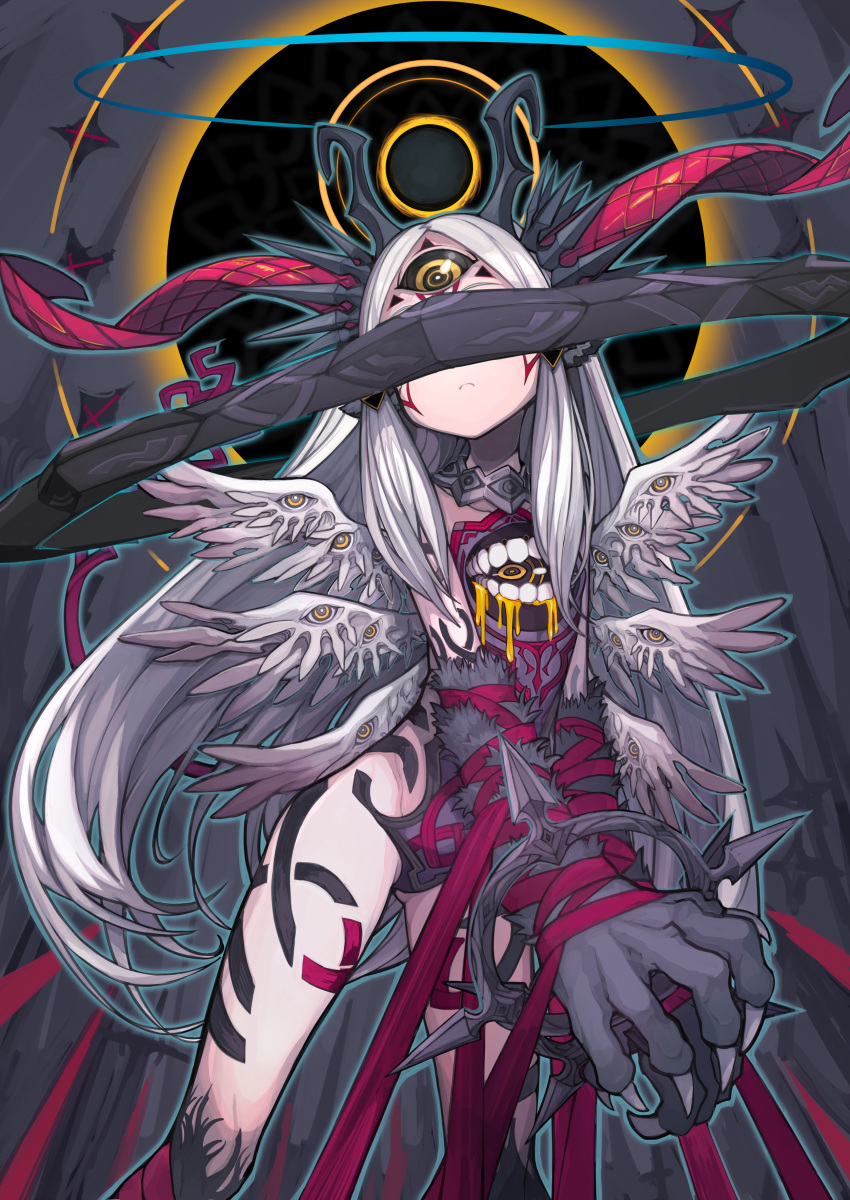 absurdres angel angel_wings animal_ears animal_hands bound bound_arms claws commentary_request covered_eyes extra_eyes extra_mouth fallen_angel feathered_wings female grey_background halo highres horns izayoi_cha long_hair looking_at_viewer monster_girl multiple_wings original red_ribbon ribbon seraph solo tail third_eye very_long_hair white_hair wings yellow_eyes