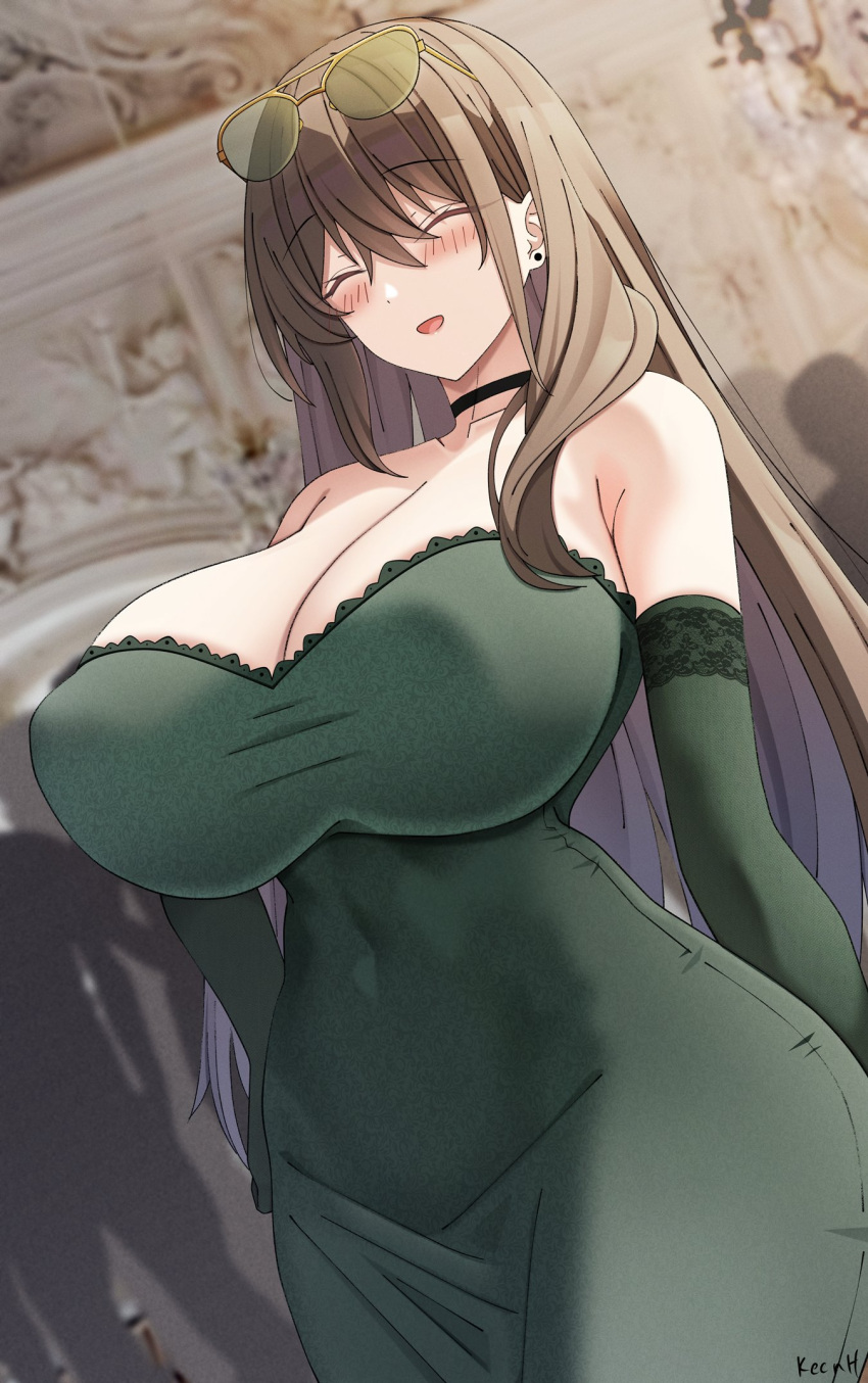 blurry blurry_background blush breasts brown_hair cleavage closed_mouth collarbone commentary_request covered_navel dress ear_piercing elbow_gloves eyewear_on_head female gloves green_dress hair_between_eyes highres huge_breasts keenh large_breasts long_hair original piercing sidelocks smile solo very_long_hair