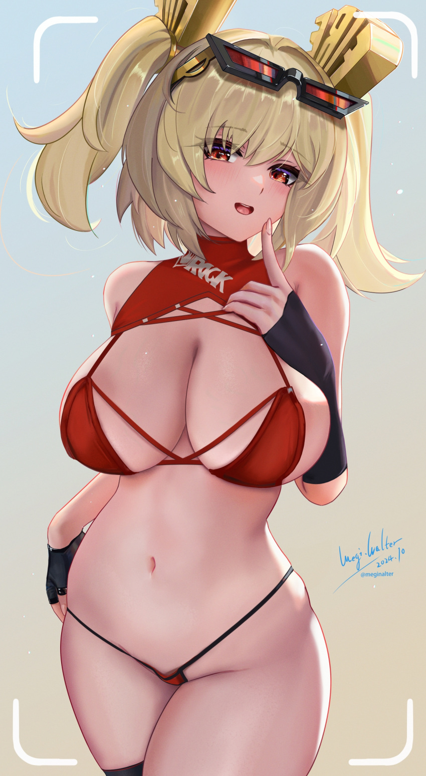 absurdres alternate_breast_size blonde_hair breasts burnice_white eyewear_on_head female highres huge_breasts looking_at_viewer meginalter navel open_mouth orange_eyes panties short_hair short_twintails smile solo sunglasses thong tinted_eyewear twintails underwear zenless_zone_zero