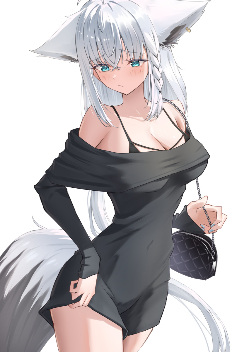 absurdres ahoge alternate_costume animal_ear_fluff animal_ear_piercing animal_ears aqua_eyes bag bare_shoulders black_dress black_tail blue_nails blush braid breasts cleavage cowboy_shot crossed_bangs double-parted_bangs dress earrings extra_ears female fox_ears fox_girl fox_tail highres hololive jewelry kirimoya long_hair long_sleeves looking_down low-tied_long_hair multicolored_tail nail_polish off_shoulder pencil_dress pentagram shirakami_fubuki shoulder_bag side_braid sidelocks simple_background single_braid single_earring solo spaghetti_strap tail taut_clothes taut_dress thighs virtual_youtuber white_background white_hair white_tail