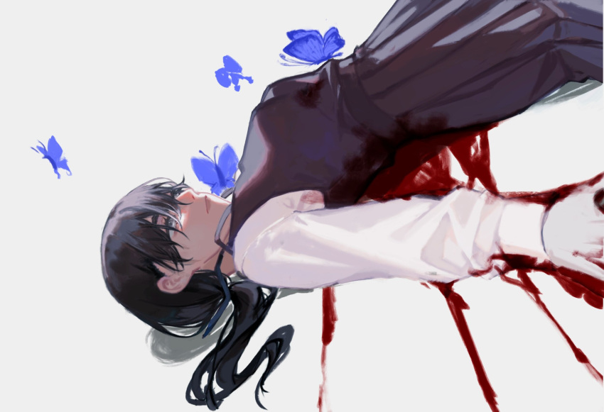 black_dress black_eyes black_hair blood blue_butterfly bug butterfly chainsaw_man dress female highres long_hair long_sleeves mitaka_asa pinafore_dress shirt sleeveless sleeveless_dress solo su_zhan white_shirt