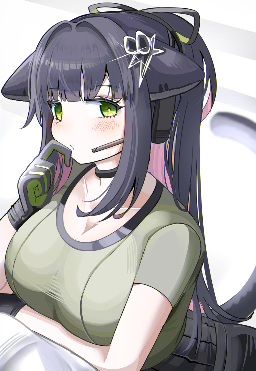 absurdres animal_ears arknights black_collar black_gloves black_hair black_tail blush breasts bright_pupils cleavage closed_mouth collar colored_inner_hair female glint gloves green_eyes green_gloves green_shirt hair_intakes hand_on_own_cheek hand_on_own_face headset highres jessica_(arknights) large_breasts long_hair looking_at_viewer multicolored_hair scoop_neck shirt short_sleeves solo spam_(spamham4506) sweatdrop t-shirt tail two-tone_hair white_pupils