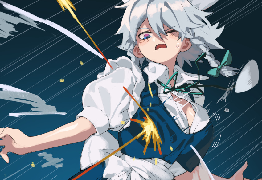 blue_vest braid breast_padding breasts deflect female grey_hair highres izayoi_sakuya maid one_eye_closed puffy_short_sleeves puffy_sleeves short_sleeves side_braids solo touhou tuck_(tuck23978434) vest