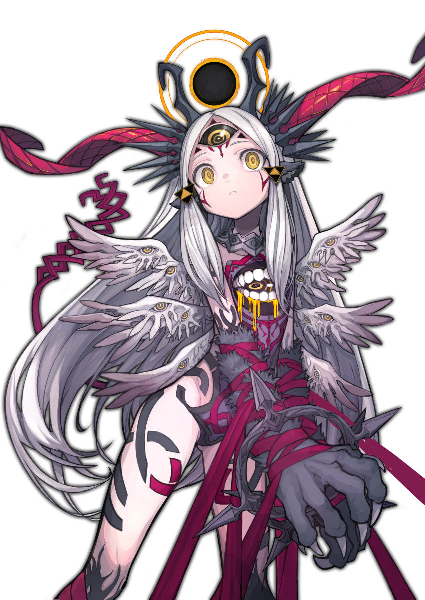 absurdres angel angel_wings animal_ears animal_hands bound bound_arms claws commentary_request extra_eyes extra_mouth fallen_angel feathered_wings female halo highres horns izayoi_cha long_hair looking_at_viewer monster_girl multiple_wings original red_ribbon ribbon seraph simple_background solo tail third_eye very_long_hair white_background white_hair wings yellow_eyes