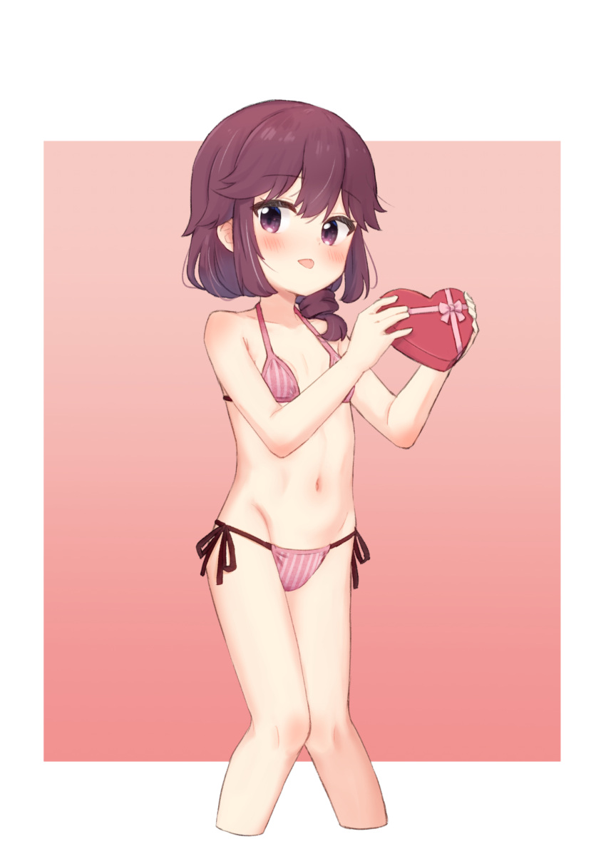 bikini blush box breasts brown_hair female heart-shaped_box highres kuramoto_takato looking_at_viewer machikado_mazoku navel purple_eyes red_background short_hair side-tie_bikini_bottom simple_background small_breasts solo striped_bikini striped_clothes swimsuit tongue tongue_out valentine yoshida_ryouko