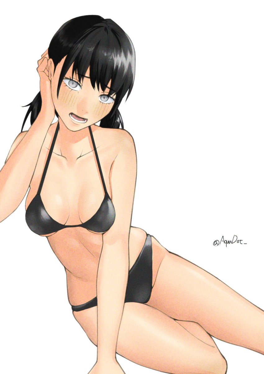 bikini black_bikini black_hair breasts chainsaw_man female grey_eyes highres illust_aqua light_blush looking_at_viewer low_twintails mitaka_asa simple_background small_breasts solo swimsuit twintails twitter_username white_background