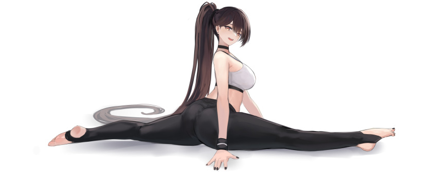 absurdres ass azur_lane black_choker black_nails black_pants breasts brown_hair chiyu1182 choker english_commentary female highres large_breasts long_hair looking_at_viewer nail_polish pants simple_background solo sports_bra stirrup_legwear toeless_legwear white_background white_sports_bra wristband yoga_pants zuikaku_(azur_lane)