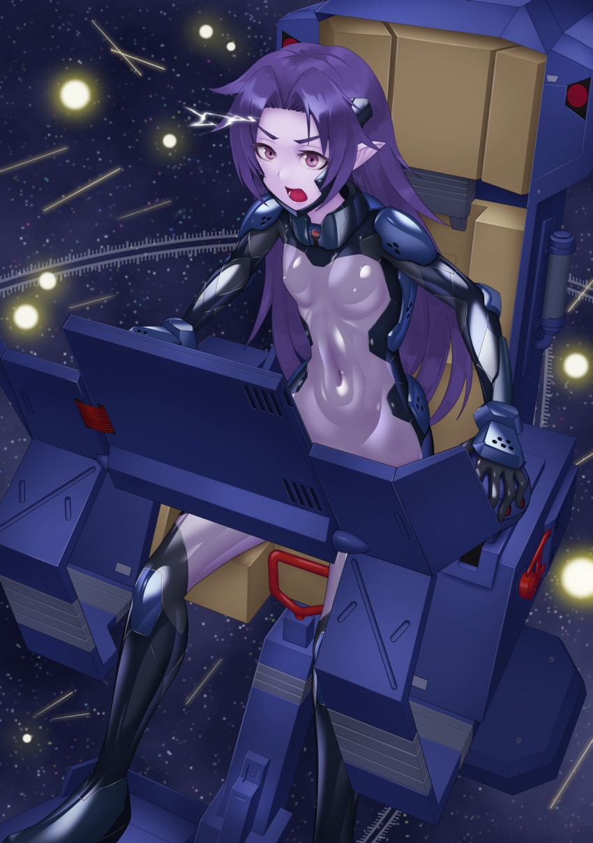 battle black_bodysuit blue_bodysuit bodysuit brown_eyes cockpit colored_skin commentary_request covered_navel female flat_chest headgear highres kurione_(zassou) long_hair multicolored_bodysuit multicolored_clothes newtype_flash open_mouth original pilot_suit pointy_ears purple_bodysuit purple_hair purple_skin science_fiction shiny_clothes sitting skin_tight solo