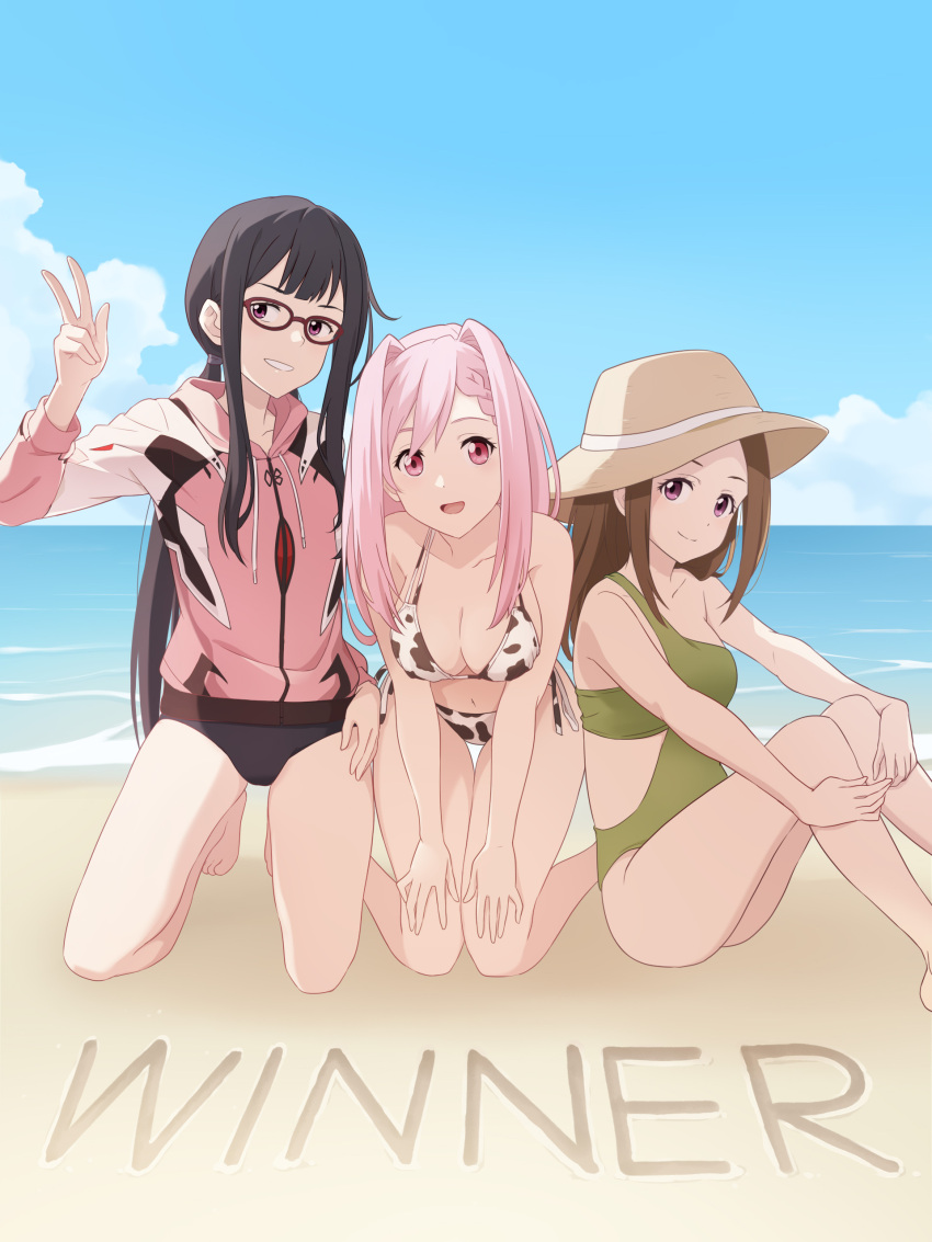 3girls :d absurdres animal_print asagumo_chihaya barefoot beach bikini black_hair blue_sky braid breasts brown_hair brown_hat cloud cow_print cow_print_bikini day feet_out_of_frame green_one-piece_swimsuit hand_on_own_hip hands_on_own_legs hat highres himemiya_karen hood hoodie hugging_own_legs laofuzi_dai_bansho large_breasts long_hair long_sleeves looking_at_viewer make_heroine_ga_oo_sugiru! multiple_girls one-piece_swimsuit outdoors pink_eyes pink_hair pink_hoodie print_bikini red-framed_eyewear sand side-tie_bikini_bottom sitting sky small_breasts smile sun_hat swimsuit tsukinoki_koto v very_long_hair water