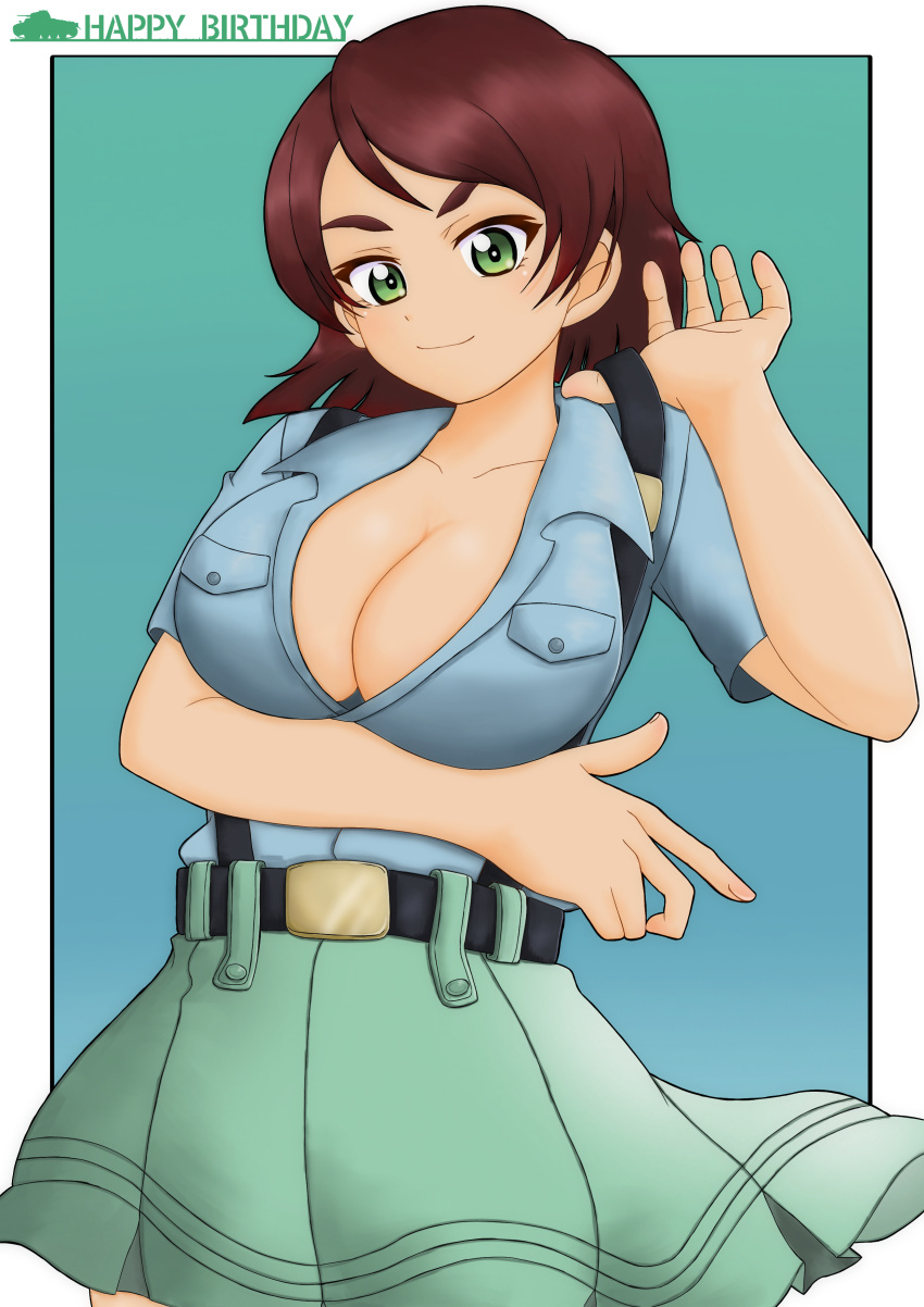 absurdres amanone_yun aoshidan_school_uniform belt birthday black_belt blue_shirt bob_cut breasts brown_hair cleavage closed_mouth collared_shirt cowboy_shot english_text female girls_und_panzer green_eyes green_skirt happy_birthday highres large_breasts looking_at_viewer outside_border pleated_skirt school_uniform shirt short_hair short_sleeves skirt smile solo standing suspenders suspenders_pull tristana_(girls_und_panzer)