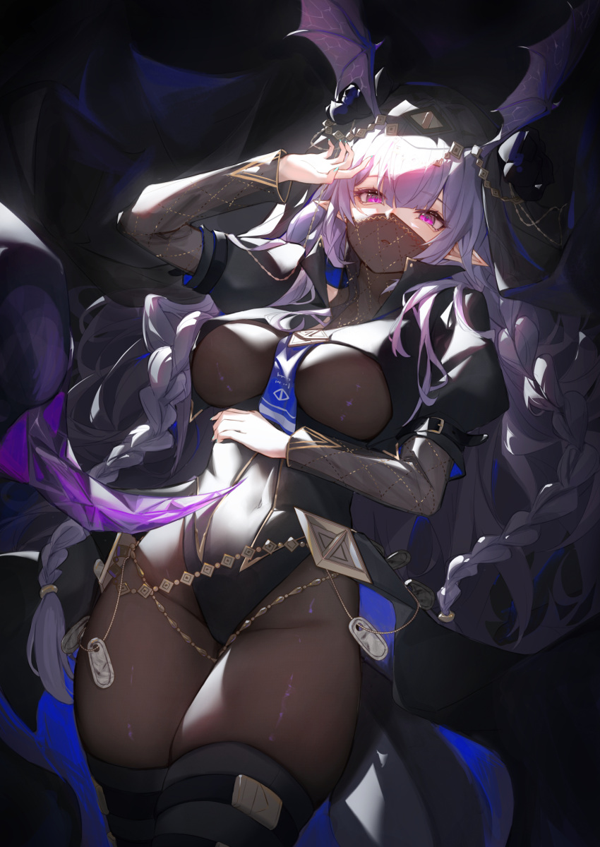 arknights bat_wings blue_necktie bodystocking braid breasts covered_navel female hand_on_own_face hand_on_own_stomach head_wings highres large_breasts manticore_(arknights) manticore_(under_a_veil)_(arknights) mouth_veil necktie official_alternate_costume pointy_ears purple_eyes purple_hair ru_yan skindentation solo thighs twin_braids veil wings