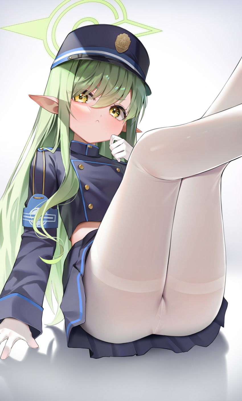 :< absurdres armband blue_archive blue_hat blue_jacket blue_skirt closed_mouth demon_tail feet_out_of_frame female gloves green_hair halo hat highres hikari_(blue_archive) jacket long_hair long_sleeves miniskirt pantyhose pointy_ears shuvi_(shuvi1125) simple_background sitting skirt solo tail thighs v-shaped_eyebrows very_long_hair white_background white_gloves white_pantyhose yellow_eyes