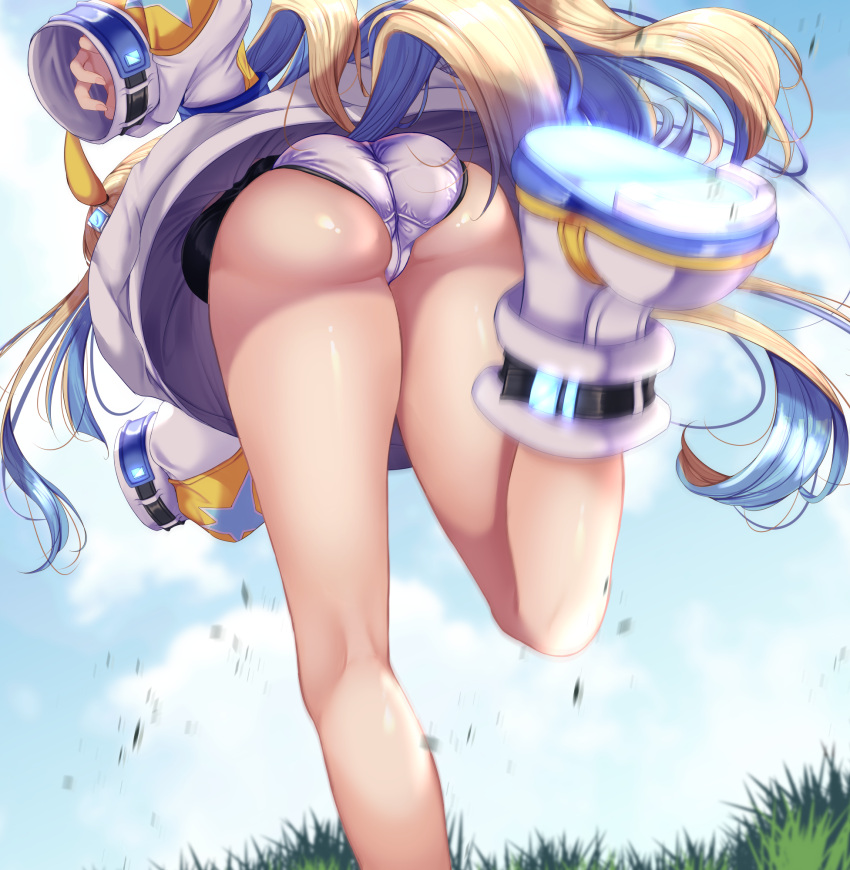 animal_ears ass blonde_hair blue_sky boots cloud cloudy_sky coat commentary crotch_seam day facing_away female from_behind fukuda_shuushi grass highres horse_ears horse_girl horse_tail leaning_forward leg_up leotard long_hair long_sleeves motion_blur neo_universe_(umamusume) no_pants outdoors running skindentation sky solo tail umamusume white_coat white_footwear white_leotard