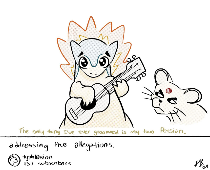 2024 2024_pokemon_gigaleak ambiguous_gender anthro aribirby duo english_text eyebrows feral generation_1_pokemon generation_2_pokemon hi_res humor lute musical_instrument nintendo persian_(pokemon) plucked_string_instrument pokemon pokemon_(species) simple_background string_instrument text typhlosion ukulele whiskers white_background