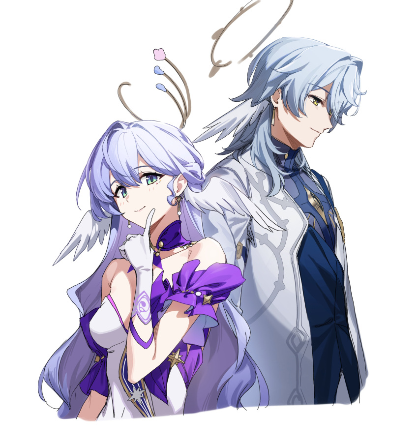 1boy absurdres bare_shoulders blue_shirt breasts brother_and_sister closed_mouth controlline3 cropped_torso dress earrings female gloves green_eyes grey_hair halo head_wings highres honkai:_star_rail honkai_(series) index_finger_raised jacket jewelry long_hair looking_at_viewer purple_hair robin_(honkai:_star_rail) shirt siblings simple_background smile strapless strapless_dress sunday_(honkai:_star_rail) upper_body white_background white_gloves white_jacket wings yellow_eyes