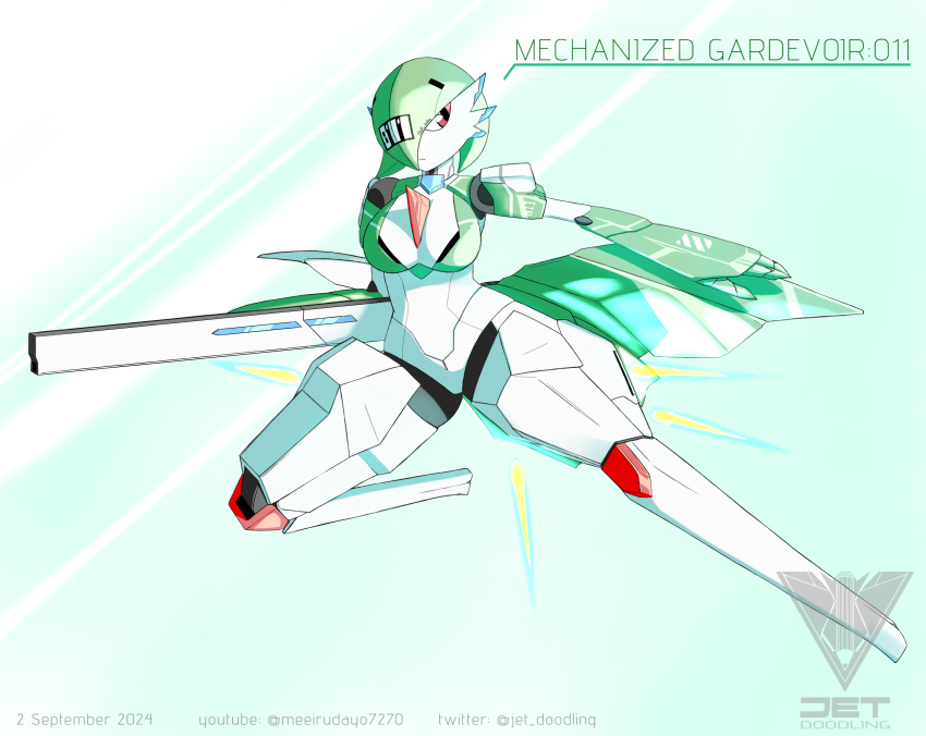 arm_up artist_name blue_background bob_cut breasts character_name closed_mouth colored_skin commentary dated english_commentary english_text female full_body gardevoir green_hair green_skin hair_over_one_eye highres holding holding_weapon humanoid_robot jet_doodling joints looking_to_the_side mechanization medium_breasts multicolored_skin number_tattoo one_eye_covered outstretched_arm pokemon pokemon_(creature) railgun red_eyes robot robot_joints short_hair signature solo tattoo twitter_username two-tone_skin watermark weapon white_skin youtube_username