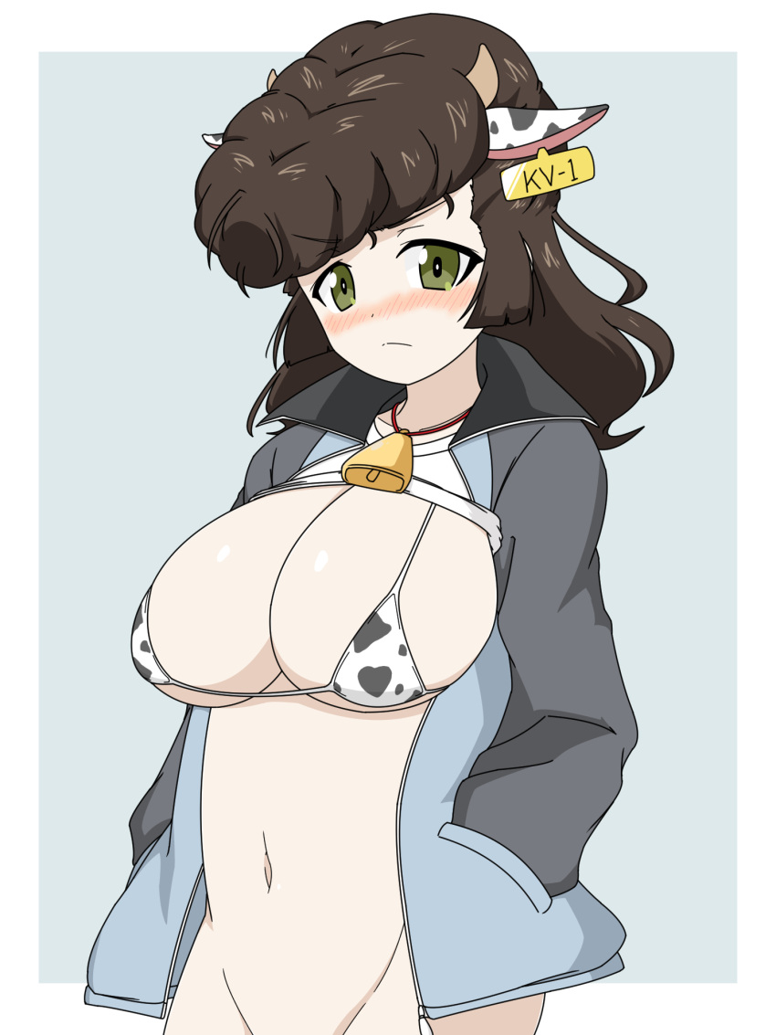 animal_ears animal_print bell bikini bikini_top_only blue_jacket blush bottomless brown_hair cleft_of_venus closed_mouth clothes_lift commentary cow_ears cow_horns cow_print ear_tag fake_animal_ears fake_horns female frown girls_und_panzer green_eyes grey_background hands_in_pockets highres horns ichinose_jun jacket keizoku_military_uniform long_hair long_sleeves looking_at_viewer micro_bikini military_uniform navel neck_bell open_clothes open_jacket pompadour print_bikini raglan_sleeves shirt_lift solo standing swimsuit track_jacket white_bikini white_undershirt yuri_(girls_und_panzer)