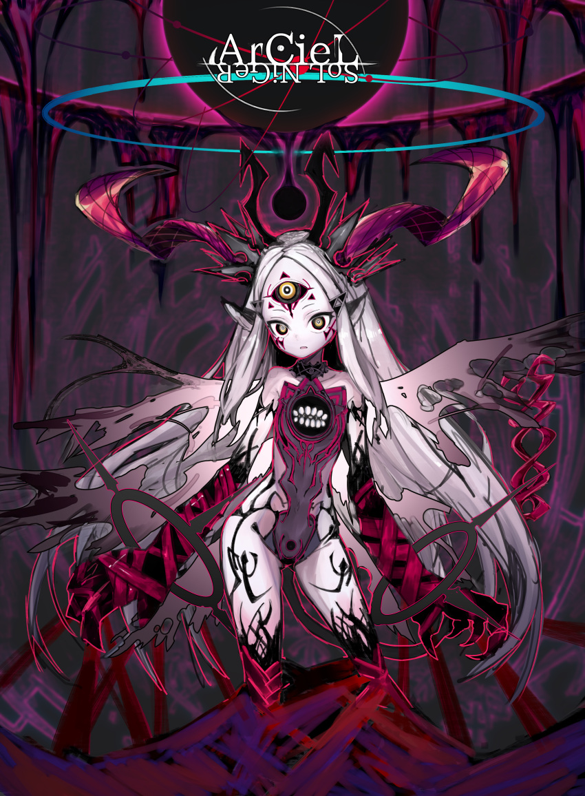 absurdres angel angel_wings animal_ears animal_hands character_name claws commentary_request extra_eyes fallen_angel feet_out_of_frame female halo highres horns izayoi_cha long_hair looking_at_viewer monster_girl multiple_wings original red_ribbon ribbon seraph solo tail third_eye very_long_hair white_hair wings yellow_eyes