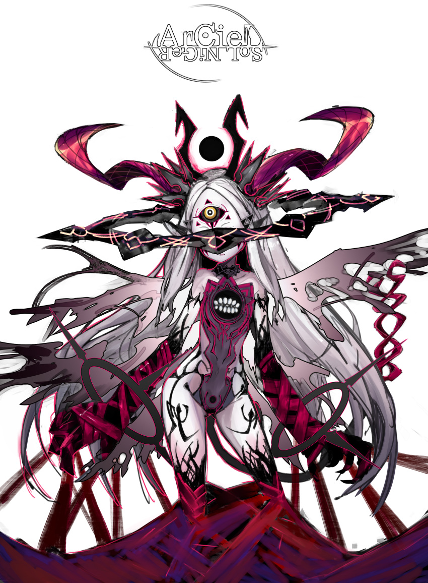 absurdres angel angel_wings animal_ears animal_hands character_name claws commentary_request covered_eyes extra_eyes fallen_angel feet_out_of_frame female halo highres horns izayoi_cha long_hair looking_at_viewer monster_girl multiple_wings original red_ribbon ribbon seraph solo tail third_eye very_long_hair white_hair wings yellow_eyes