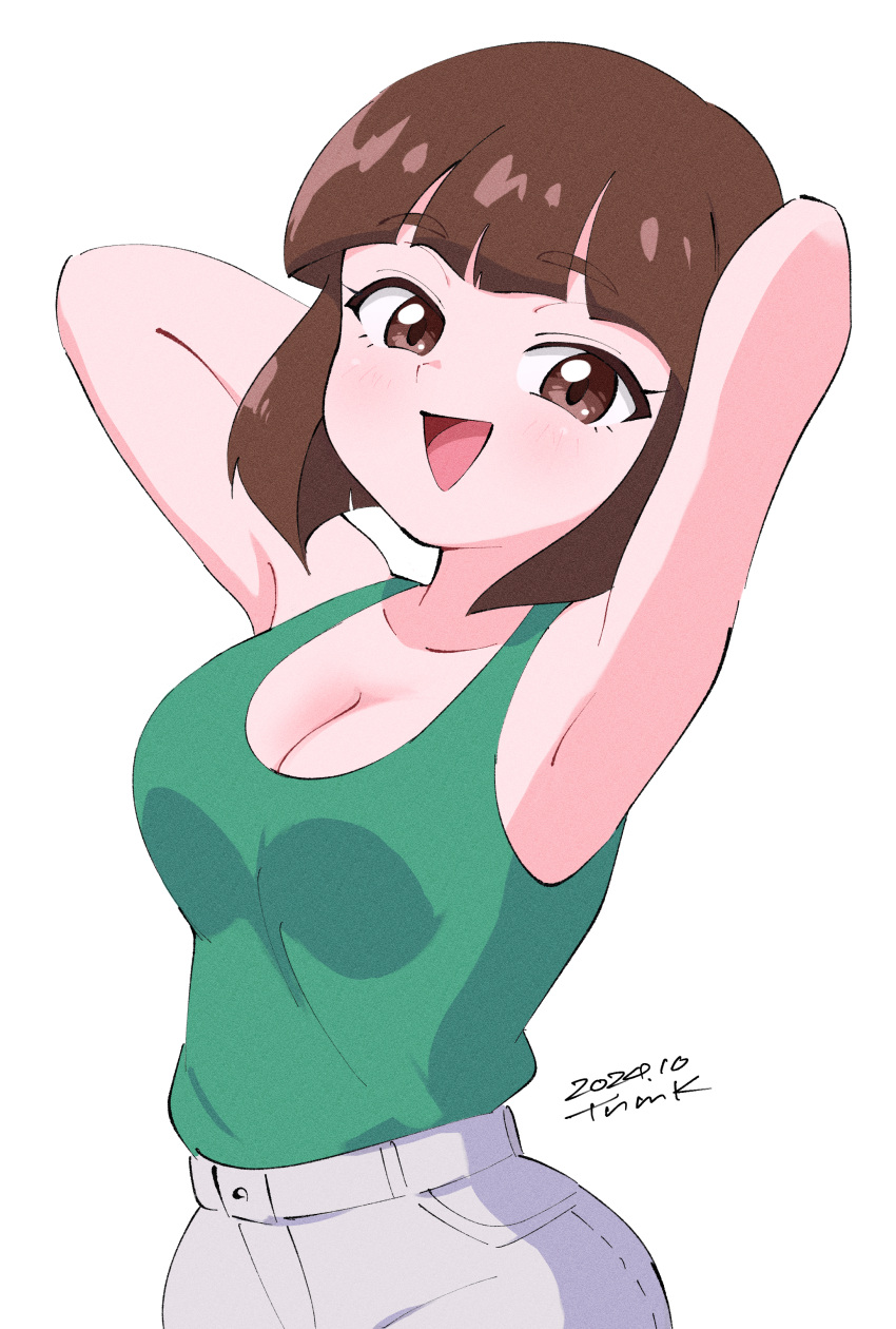 :d absurdres armpits arms_behind_head arms_up artist_name bare_shoulders blunt_bangs blunt_ends blush bob_cut breasts brown_eyes brown_hair cleavage collarbone commentary cowboy_shot dated film_grain from_side green_tank_top head_tilt highres inverted_bob large_breasts light_blush looking_at_viewer looking_to_the_side open_mouth ranma_1/2 short_hair shorts signature simple_background smile standing tank_top tendou_nabiki thick_eyebrows tsunemoku white_background white_shorts