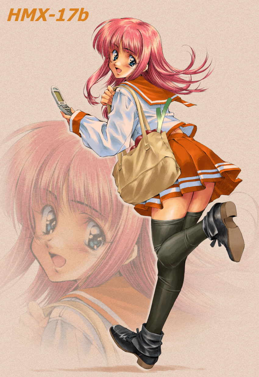 absurdres black_thighhighs blue_eyes cellphone commission female flip_phone highres holding holding_phone kouno_harumi_(to_heart) long_sleeves longmei_er_de_tuzi miniskirt open_mouth orange_skirt phone pink_hair pixiv_commission pleated_skirt school_uniform serafuku skirt thighhighs to_heart_(series) to_heart_2 underwear zoom_layer