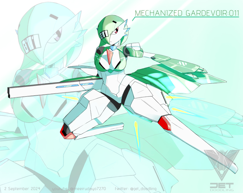 arm_up artist_name blue_background bob_cut breasts character_name closed_mouth colored_skin commentary dated english_commentary english_text female full_body gardevoir green_hair green_skin hair_over_one_eye highres holding holding_weapon humanoid_robot jet_doodling joints looking_to_the_side mechanization medium_breasts multicolored_skin number_tattoo one_eye_covered outstretched_arm pokemon pokemon_(creature) railgun red_eyes robot robot_joints short_hair signature solo tattoo twitter_username two-tone_skin watermark weapon white_skin youtube_username zoom_layer