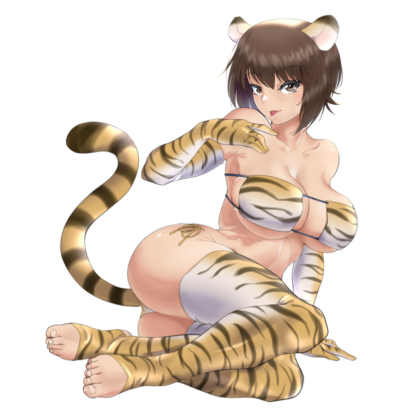 absurdres animal_ears animal_print arm_support bikini breasts commentary elbow_gloves eyepatch_bikini female girls_und_panzer gloves highres huaronanago kemonomimi_mode large_breasts lying nishizumi_maho on_side orange_bikini orange_gloves orange_thighhighs print_bikini print_gloves print_thighhighs side-tie_bikini_bottom simple_background solo strapless strapless_bikini swimsuit tail thighhighs tiger_ears tiger_print tiger_tail toeless_legwear tongue tongue_out white_background