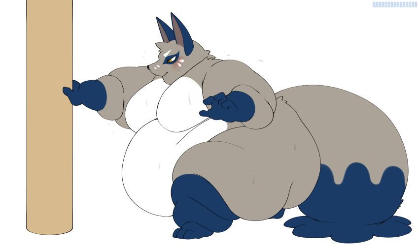 belly big_belly big_tail canid canine fox generation_8_pokemon hi_res male mammal nickit nintendo obese overweight pokemon pokemon_(species) pole solo sumo tail yosioka_san