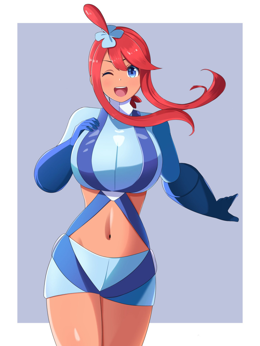 blue_eyes blue_gloves blue_shorts blush breasts crop_top cropped_jacket english_commentary female gin4_7123 gloves hair_ornament hand_on_own_chest highres large_breasts midriff navel one_eye_closed one_side_up open_mouth pokemon pokemon_bw red_hair short_shorts shorts sidelocks skyla_(pokemon) smile solo teeth upper_teeth_only v-shaped_eyebrows