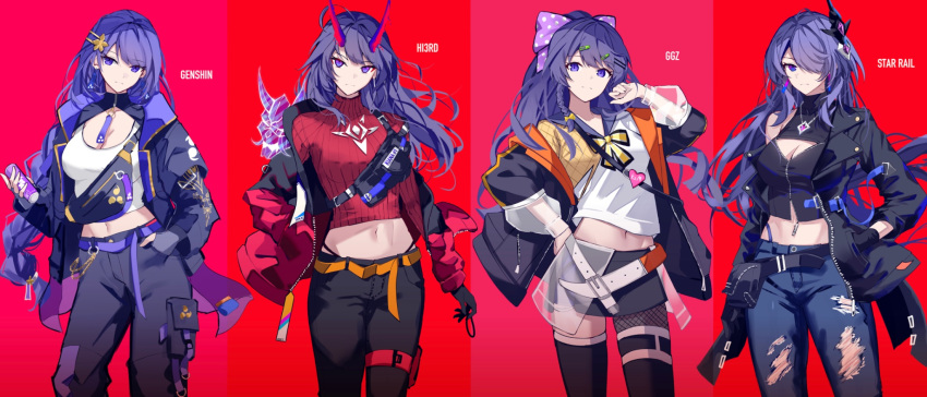 4girls acheron_(honkai:_star_rail) alternate_costume belt benghuai_xueyuan black_bag black_gloves black_jacket black_pants black_shirt black_skirt black_thighhighs bow braid breasts can cleavage closed_mouth commentary_request copyright_name cowboy_shot crop_top denim drink_can earrings eyeliner fingerless_gloves genshin_impact gloves hair_ornament hair_over_one_eye hair_tie hairbow hairclip hand_in_pocket hand_on_own_hip hand_up highres holding holding_can holding_hair_tie honkai:_star_rail honkai_(series) honkai_impact_3rd horns jacket jeans jewelry large_breasts long_hair looking_at_viewer makeup midriff mihoyo mitsudomoe_(shape) multicolored_clothes multicolored_jacket multiple_girls navel open_clothes open_jacket orange_belt pants pouch purple_belt purple_bow purple_eyes purple_hair raiden_mei raiden_mei_(herrscher_of_thunder) raiden_shogun red_background red_eyeliner red_horns red_jacket red_shirt ribbed_shirt sawashiro_miyuki shirt simple_background single_bare_shoulder single_off_shoulder skirt soda_can sparks_summer standing thigh_pouch thighhighs tomoe_(symbol) torn_clothes torn_jeans torn_pants two-tone_jacket very_long_hair voice_actor_connection white_belt white_shirt