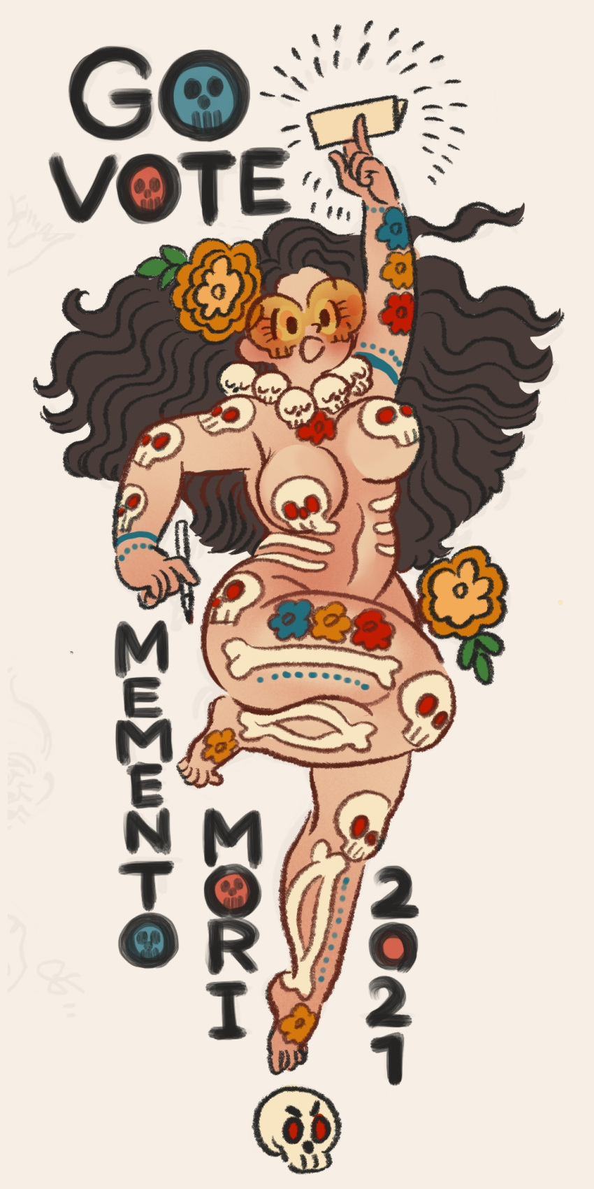 2021 barefoot black_hair bodypaint female flower glass hair_flower hair_ornament highres holding holding_paper jewelry leaf leg_up long_hair naked_paint navel necklace nude open_mouth orange-tinted_eyewear orange_flower original panoramango paper skull_necklace smile solo tinted_eyewear