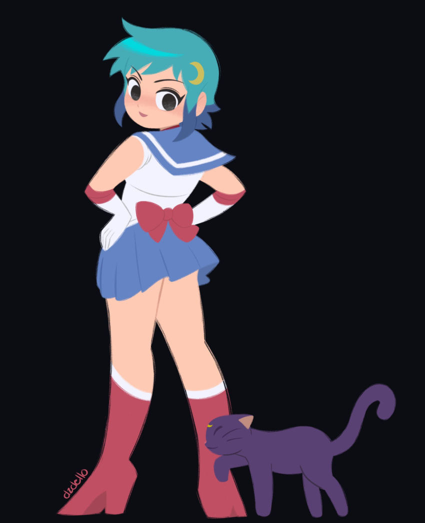 alt_text animal ass back_bow bishoujo_senshi_sailor_moon black_background black_cat black_eyes blue_hair blue_sailor_collar bow breasts choker colored_tips cosplay crescent dzdello elbow_gloves english_commentary feline female from_behind full_body gloves hair_ornament hands_on_own_hips highres looking_at_another luna_(sailor_moon) magical_girl multicolored_hair ramona_flowers red_bow red_choker sailor_collar sailor_senshi school_uniform scott_pilgrim_(series) scott_pilgrim_takes_off serafuku short_hair simple_background skirt smile standing swept_bangs tsukino_usagi tsukino_usagi_(cosplay) whiskers