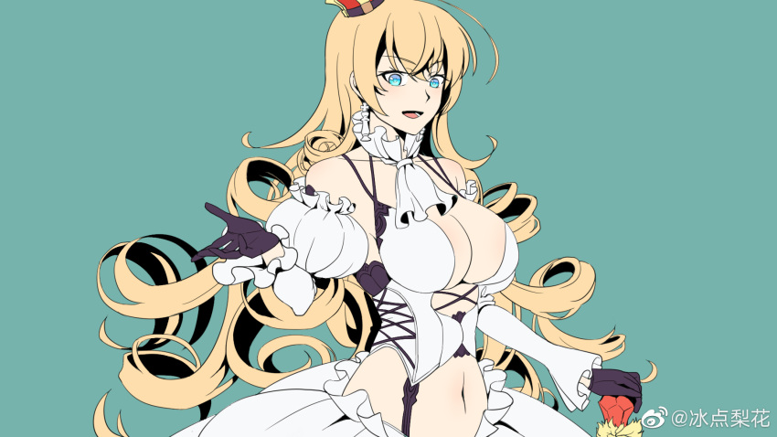 bingdian_lihua black_gloves blonde_hair blue_eyes breasts cleavage crown female gloves highres large_breasts lion_(warship_girls_r) long_hair sitting solo throne warship_girls_r weibo_logo weibo_watermark