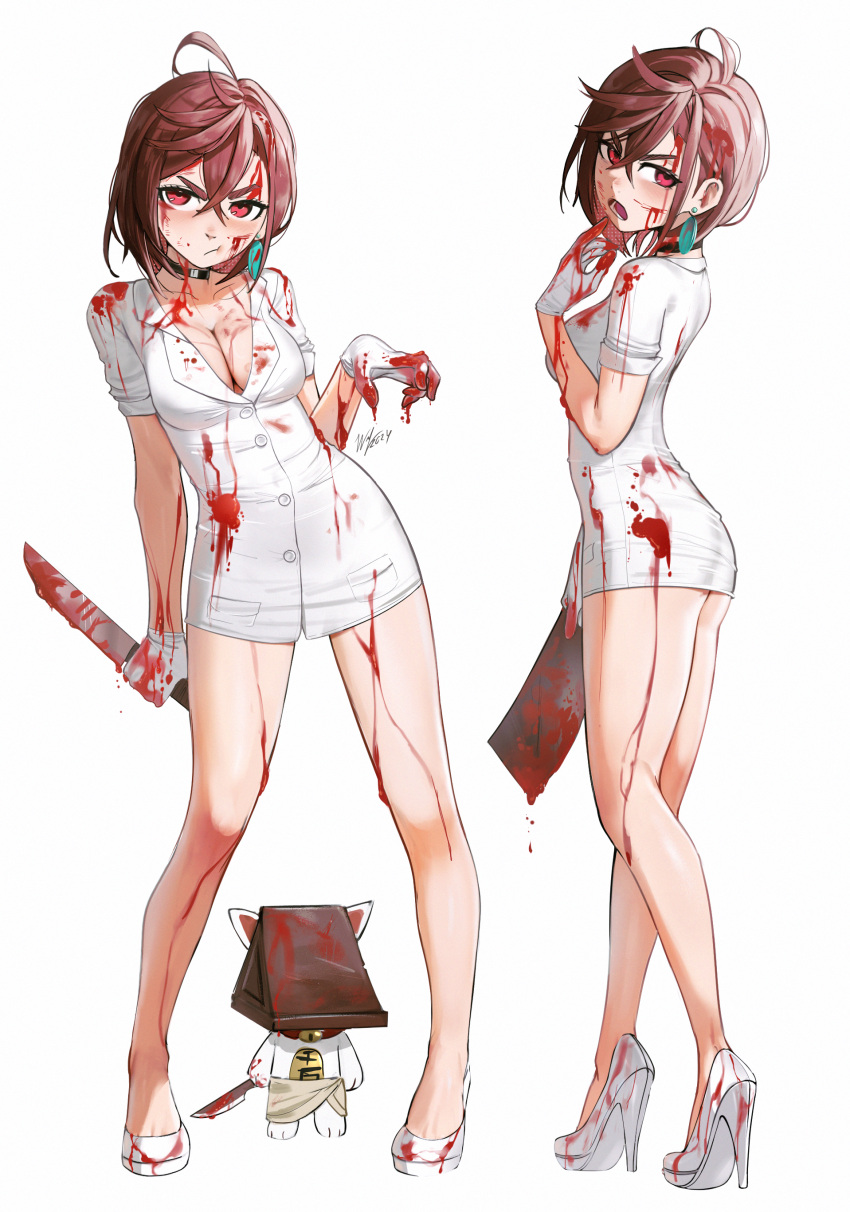 absurdres ass_peek ayase_momo bandages black_choker blood blood_on_clothes blood_on_face breasts brown_eyes brown_hair bubble_head_nurse bubble_head_nurse_(cosplay) choker cleavage cosplay dandadan dress earrings feline female full_body gloves hat high_heels highres holding holding_knife jewelry knife medium_breasts multiple_views nurse pyramid_head pyramid_head_(cosplay) silent_hill_(series) silent_hill_2 simple_background standing turbo_granny waligner white_background white_dress white_gloves