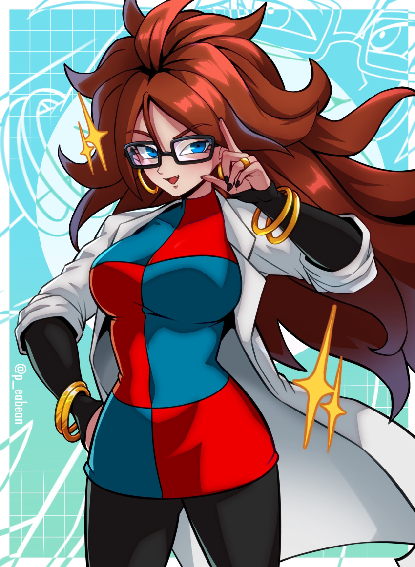 absurdres android_21 black_pantyhose blue_dress blue_eyes breasts brown_hair checkered_clothes checkered_dress coat cowboy_shot dragon_ball dragon_ball_fighterz dress earrings female glasses highres hoop_earrings jewelry lab_coat large_breasts long_hair pantyhose pea-bean red_dress solo sparkle two-tone_dress white_coat zoom_layer