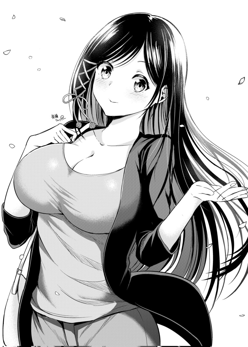 amagami-san_chi_no_enmusubi amagami_yae bag black_jacket blouse breasts casual cleavage closed_mouth collarbone commentary_request falling_petals female greyscale hair_ornament handbag highres jacket large_breasts long_hair looking_at_viewer monochrome open_clothes open_jacket pants petals ryopa shirt solo upper_body