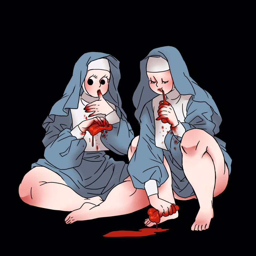 2girls bad_id bad_twitter_id bare_legs barefoot black_background blood blood_on_clothes blood_on_face blood_on_hands blush closed_eyes eating food habit highres meat multiple_girls nun original panoramango simple_background