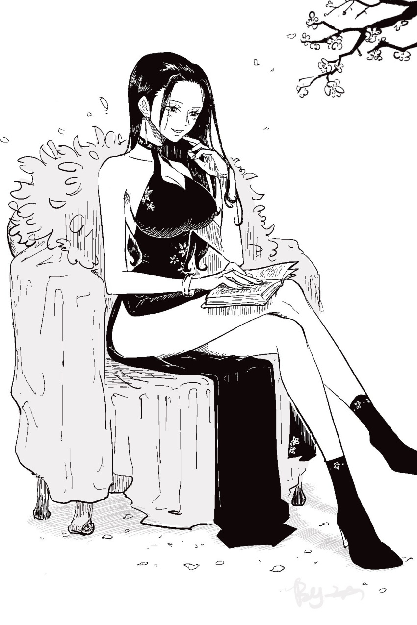 blush book boots bracelet cherry_blossoms commentary_request crossed_legs dress female floral_print halter_dress halterneck highres holding holding_book jewelry long_hair nico_robin one_piece petals serina_huang side_slit sitting smile solo