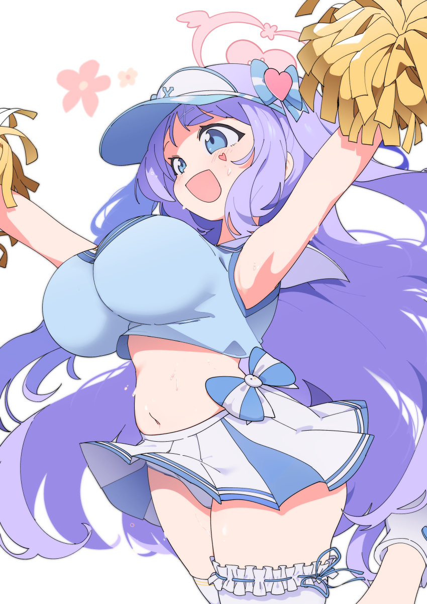 absurdres armpits arms_up blue_archive blue_eyes breasts bridal_garter cheering cheerleader crop_top female hair_ornament halo hanae_(blue_archive) heart heart_hair_ornament heart_tattoo highres holding holding_pom_poms jumping large_breasts long_hair looking_to_the_side luke_(dydansgur) midriff miniskirt navel open_mouth panties pink_halo pleated_skirt plump pom_pom_(cheerleading) purple_hair simple_background skirt smile solo tattoo thighhighs underwear visor_cap white_background white_panties white_skirt white_thighhighs