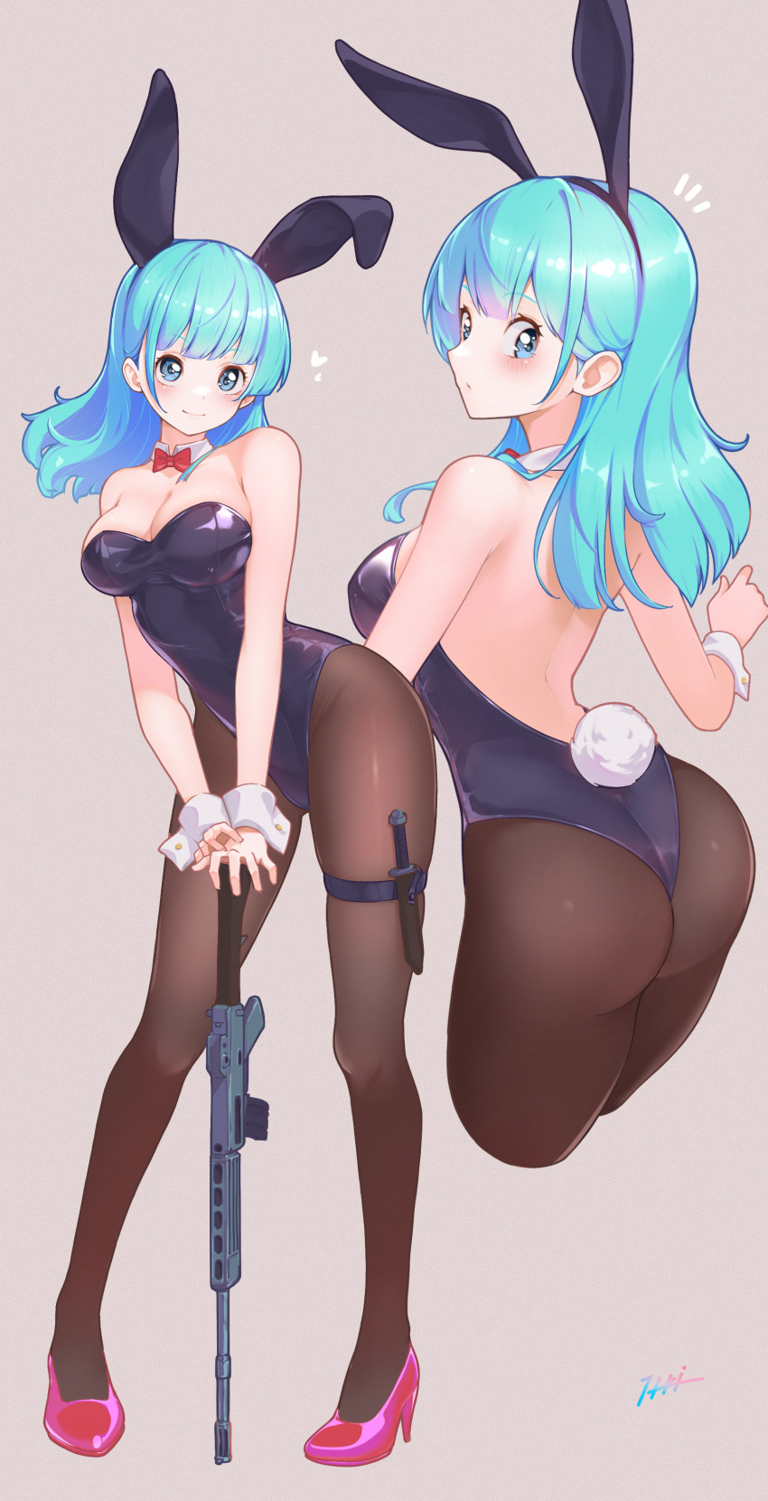 :/ absurdres animal_ears ass assault_rifle backless_leotard bare_shoulders black_hairband black_leotard black_pantyhose blue_eyes blue_hair blush bow bowtie breasts bulma_briefs cleavage closed_mouth commentary cropped_legs detached_collar dragon_ball dragon_ball_(classic) fake_animal_ears fake_tail female full_body grey_background gun hairband heart high_heels highleg highleg_leotard highres itou_kazuki knife knife_sheath large_breasts leaning_to_the_side leotard long_hair looking_back multiple_views notice_lines pantyhose playboy_bunny pumps rabbit_ears rabbit_tail red_bow red_bowtie red_footwear rifle sheath shiny_clothes sideways_mouth signature simple_background standing strapless strapless_leotard tail thigh_sheath thigh_strap weapon white_wrist_cuffs wrist_cuffs